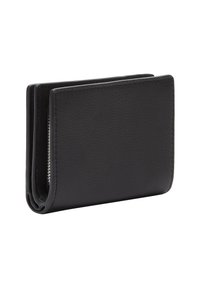 Portafoglio compatto in pelle nera con superficie texturizzata, design pieghevole e zip argentata visibile sul lato.