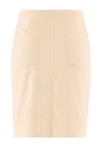 Jupe en velours côtelé longueur genou en beige clair, avec deux poches arrière et un motif à côtes texturé. Taille élastique pour plus de confort.