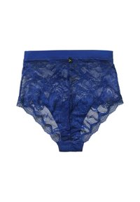 Marineblauwe kanten slipjes met een bloemenpatroon, elastische tailleband en gegolfde randen. Semi-transparante kantstructuur door het geheel.