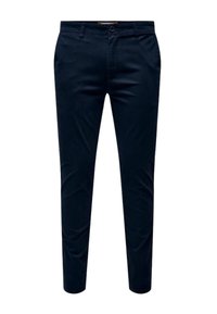 Jūras zila slim-fit bikses, izgatavotas no kokvilnas auduma maisījuma. Iespējas ar pogu un rāvējslēdzēju, jostu cilpiņām un minimālistisku dizainu.