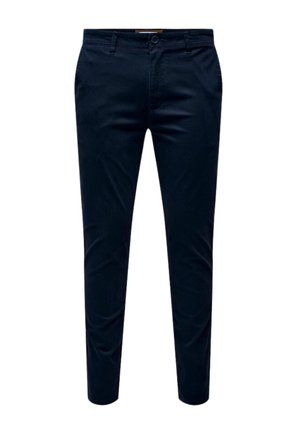 Pantaloni slim-fit de culoare bleumarin, dintr-un amestec de bumbac. Au sistem de închidere cu buton și fermoar, bucle pentru curea și un design minimal.