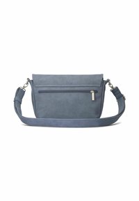 Blue suede crossbody bag with a zippered front pocket, adjustable strap, and a sleek design. Smooth texture and minimalist style.