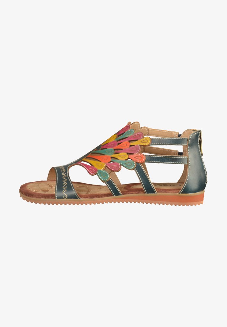 Sandalo open-toe con tomaia in pelle blu navy, accenti decorativi colorati, design con tagli e suola in marrone chiaro con grip testurizzato.