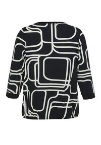Schwarzes Oberteil mit 3/4-Ärmeln, das weiße abstrakte geometrische Linien und Muster aufweist. Weicher Stoff mit rundem Halsausschnitt und gerafftem Saum.