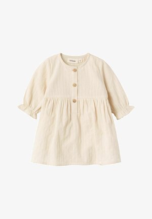 Cream-colored baby dress with long sleeves, three wooden buttons on front, and gathered skirt detail.
