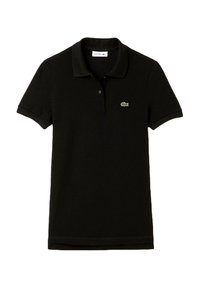 Polo noir à manches courtes avec col, patte à deux boutons et petit logo crocodile vert sur la poitrine gauche.