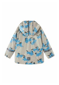 Ανοιχτό γκρι αδιάβροχο παιδικό μπουφάν με κουκούλα, διακοσμημένο με μπλε και σκουρόγκρι σχέδια καρτούν πόνυ και αντανακλαστικές ρίγες στα μανίκια και στην κουκούλα.