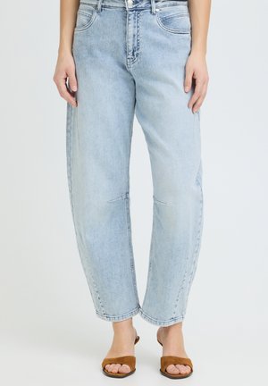 Blugi drepți cu talie înaltă, albastru deschis, purtați cu sandale maro, cu vârf decupat, pe un fundal deschis simplu.