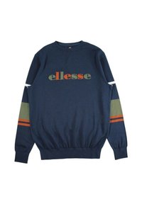 Sweat-shirt bleu marine avec un col et un ourlet côtelés, des rayures multicolores sur les manches et le logo "ellesse" sur la poitrine.