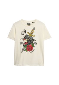 Crèmekleurig katoenen T-shirt met een afbeelding van een zwarte kat die een rode roos en een zwaard vasthoudt, met de tekst "LA 2003."