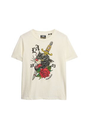 Crèmekleurig katoenen T-shirt met een afbeelding van een zwarte kat die een rode roos en een zwaard vasthoudt, met de tekst "LA 2003."