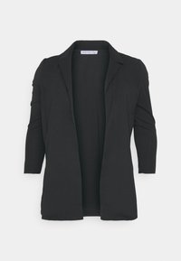 Veste blazer noire à ouverture sur le devant, manches trois-quarts et revers crantés, présentée sur un fond clair uni.