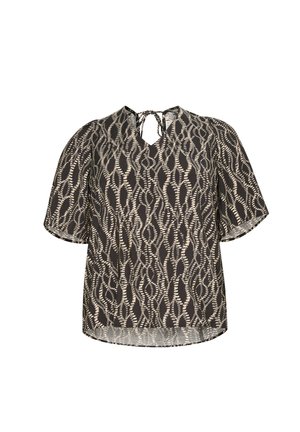 Blouse noire et crème à manches courtes, dotée d'un design léger et à motifs, avec une fermeture à nouer au dos et un ourlet arrondi.