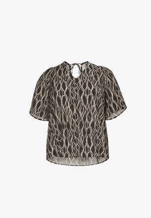 Blouse noire et crème à manches courtes, dotée d'un design léger et à motifs, avec une fermeture à nouer au dos et un ourlet arrondi.