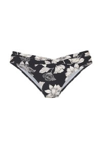 Schwarzer Bikini-Hosen mit floralem Muster in Weiß, einem gerafften Bund und elastischem Material für Stretch und Komfort.