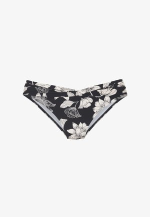 Čierne bikini nohavičky s kvetinovým vzorom v bielej farbe, so skladaným pásom a elastickým materiálom pre pohodlie a prispôsobivosť.