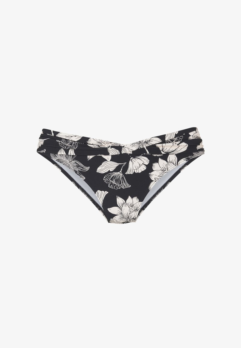 Slip inferiore di bikini nero con un motivo floreale bianco, con una vita arricciata e materiale elasticizzato per adattabilità e comfort.