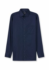 Marineblauwe lange mouwen overhemd met knopen, voorzien van een klassieke kraag en een borstzak, plat weergegeven op een witte achtergrond.