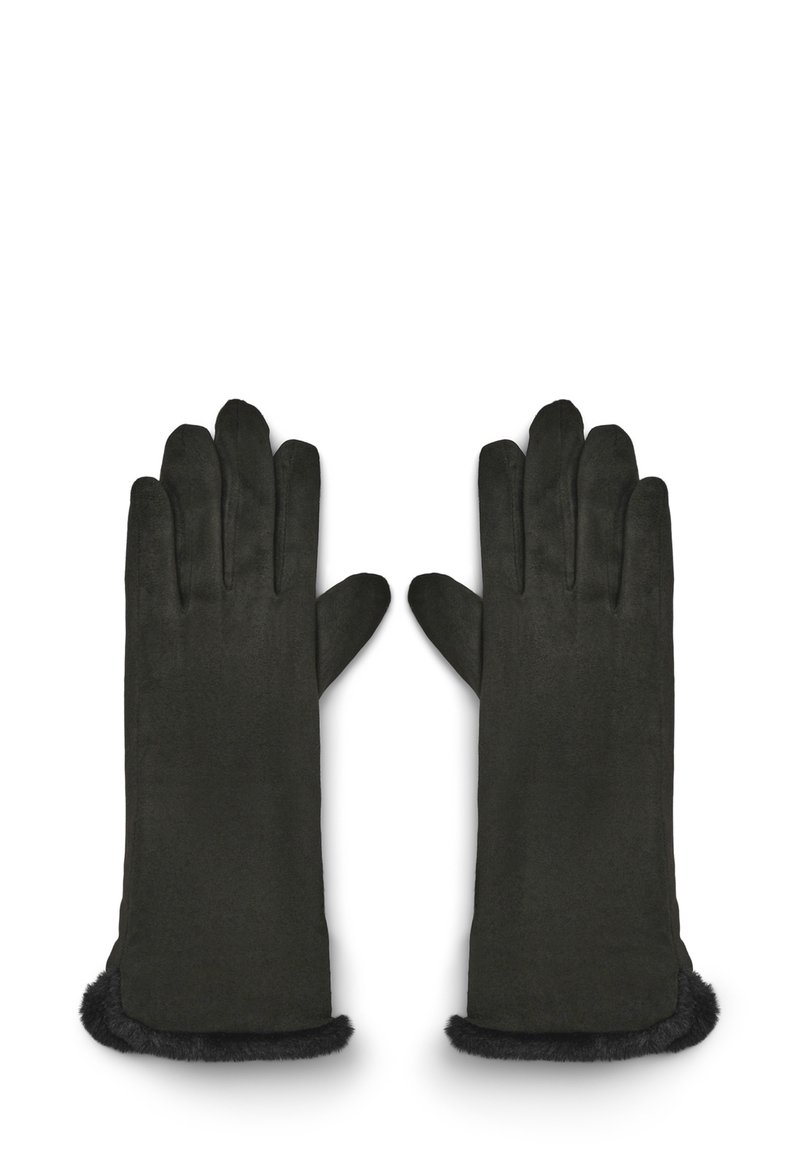 Czarne rękawiczki z miękką zamszową teksturą i sztucznym futrzanym mankietem. Design obejmuje pięć palców oraz gładki, bezszwowy wygląd.