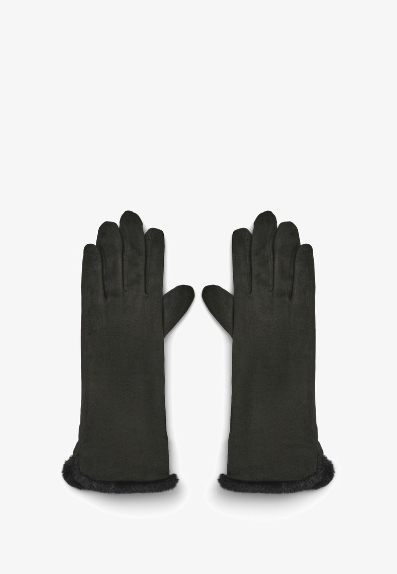 Czarne rękawiczki z miękką zamszową teksturą i sztucznym futrzanym mankietem. Design obejmuje pięć palców oraz gładki, bezszwowy wygląd.