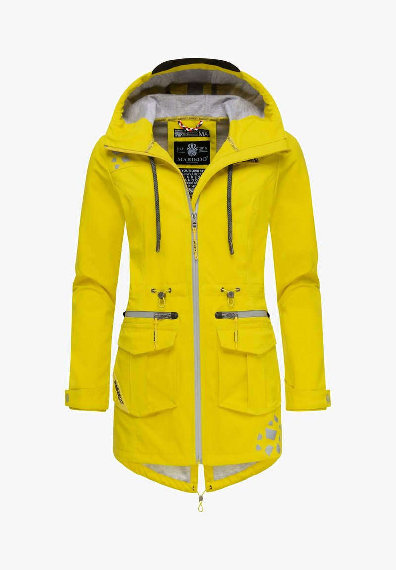 Yellow waterproof jacket with a hood, front zipper, two large front pockets, gray lining, and reflective detailing on the sides.