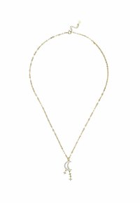 Gold chain necklace with crescent moon pendant adorned with small crystals and two dangling star charms.