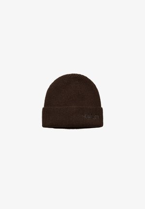 Bruine gebreide beanie muts met een geribde textuur, voorzien van een omgeslagen rand en een in contrasterende kleur geborduurd "HALO" logo.
