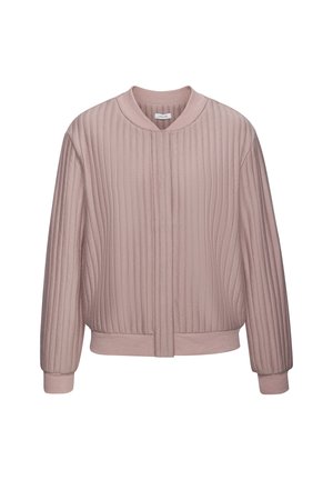 Light pink bomber jacket with vertical ribbed texture, round collar, front closure, and elastic cuffs and hem. Soft fabric finish.