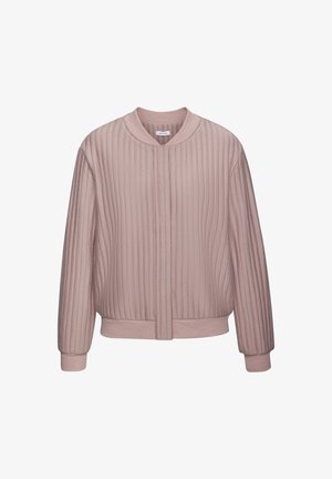 Light pink bomber jacket with vertical ribbed texture, round collar, front closure, and elastic cuffs and hem. Soft fabric finish.