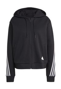 Svart zip-hoodie gjord av mjukt material, med en framsida dragkedja, två sidofickor och vita randiga detaljer längs ärmarna.