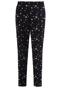 Černé kalhoty s bílým potiskem ptáčků, elastický pas, boční kapsy a měkká, lehká tkanina. Rovný střih nohavic.