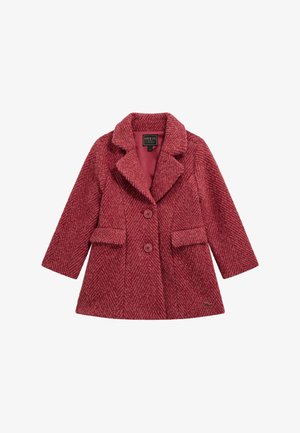 Red herringbone coat with notched collar, two front pockets, and two buttons. Soft texture with a smooth inner lining. Brand label visible.