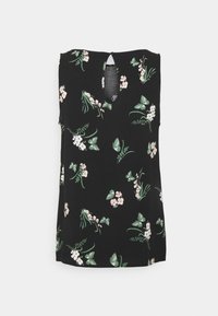 Black sleeveless top with a keyhole opening, featuring a floral pattern in pink and green, made from lightweight fabric.