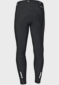 Schwarze sportliche Leggings mit angepasstem Design, ausgestattet mit Flatlock-Nähten, reflektierenden Akzenten und einem Reißverschluss an den unteren Beinöffnungen.