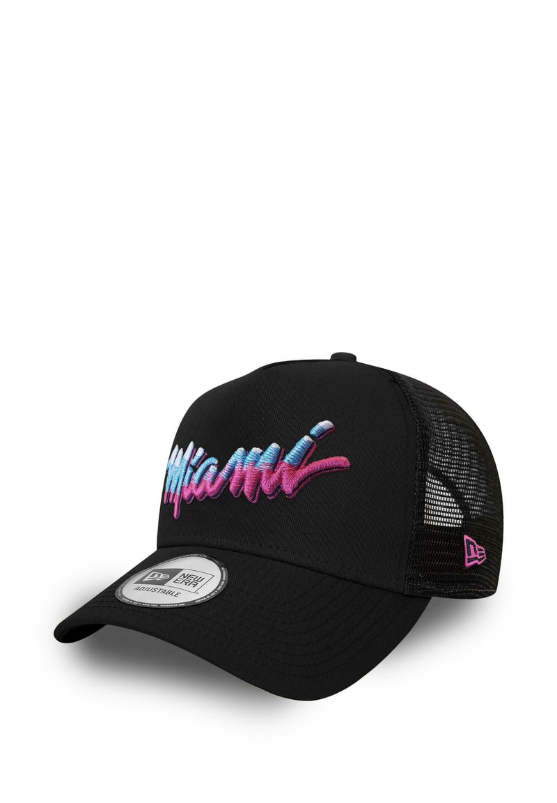 Black cap with a mesh back, featuring a multicolored "Miami" embroidered design. Adjustable strap; round, flat brim. New Era logo on side.