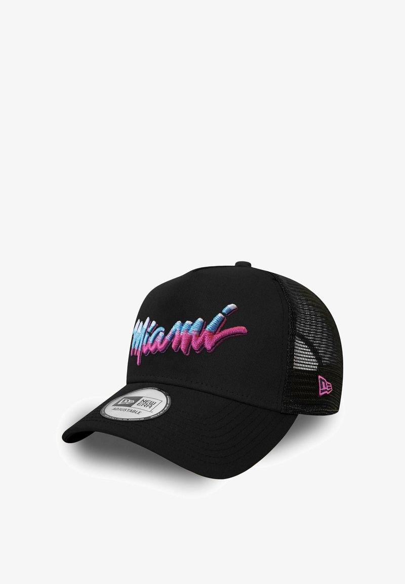 Black cap with a mesh back, featuring a multicolored "Miami" embroidered design. Adjustable strap; round, flat brim. New Era logo on side.