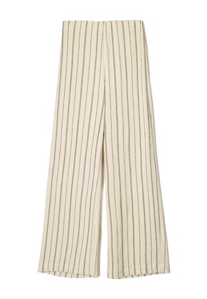 Pantalon large crème avec des rayures grises verticales, fabriqué en tissu doux. Caractéristiques : coupe décontractée et ourlet net en bas.