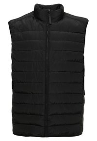 Czarna pikowana kamizelka bez rękawów z wysokim kołnierzem, zamkiem błyskawicznym z przodu i pikowanym wzorem z poziomymi liniami na tkaninie.