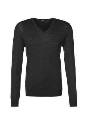Dunkelgrauer V-Ausschnitt-Pullover aus weichem Material, mit langen Ärmeln und schlankem Schnitt, ausgestattet mit gerippten Bündchen und Saum.