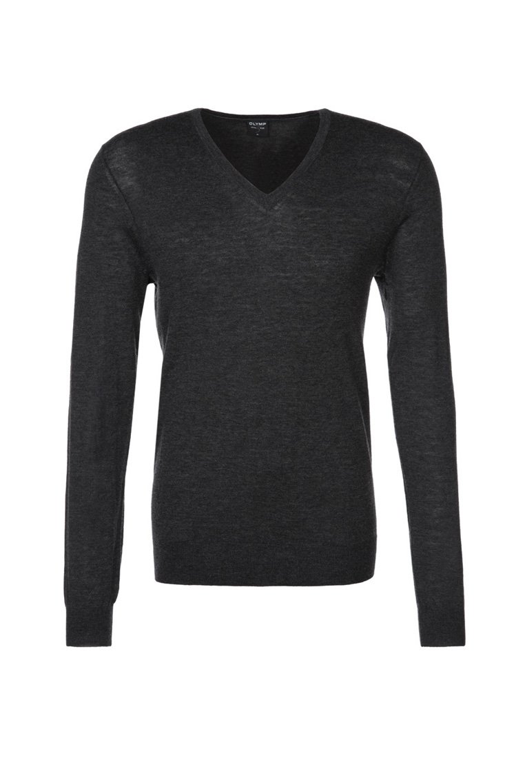 Dunkelgrauer V-Ausschnitt-Pullover aus weichem Material, mit langen Ärmeln und schlankem Schnitt, ausgestattet mit gerippten Bündchen und Saum.