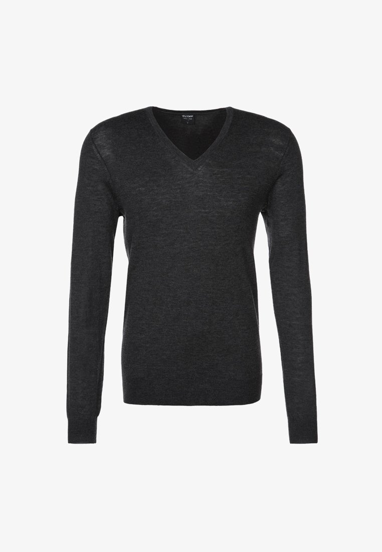 Dunkelgrauer V-Ausschnitt-Pullover aus weichem Material, mit langen Ärmeln und schlankem Schnitt, ausgestattet mit gerippten Bündchen und Saum.
