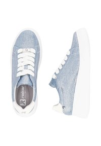 Light blue denim sneakers with white laces and rubber soles, featuring a smooth texture and minimal branding on the tongue and side.