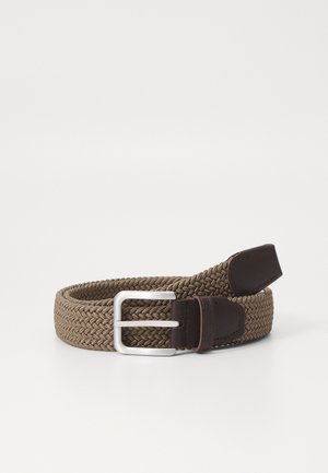 Woven fabric belt in a brown tone, featuring a silver metal buckle and dark brown leather accents. Flexible and textured design.