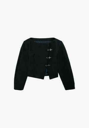 Schwarze, kürzliche Jacke mit langen Ärmeln, Rundhalsausschnitt und drei dekorativen silbernen Verschlüssen auf der Vorderseite. Texturiertes Material und gefüttertes Innenfutter.