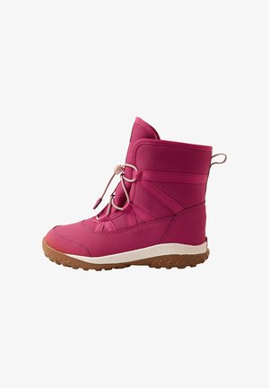 Pink waterproof boots with a textured upper, white sole, and rubber outsole. Features adjustable laces and ankle support.