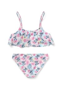 Zweiteiliges Badeanzug-Set mit einem Crop-Top mit Rüschensaum und passendem Höschen, gefertigt aus leichtem Material mit einem pinken und blauen Muster aus Stitch und Blumen.