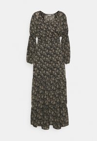 Černé midi šaty s dlouhým rukávem a béžovým květinovým vzorem, s nabíraným pasem, vykrojenými rukávy a vrstvenou sukní, visící na bílém pozadí.