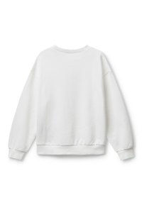 Felpa bianca, morbido misto cotone, collo a giro, design con spalle scese, polsini e orlo a costine, stile minimalista, senza grafiche o decorazioni.