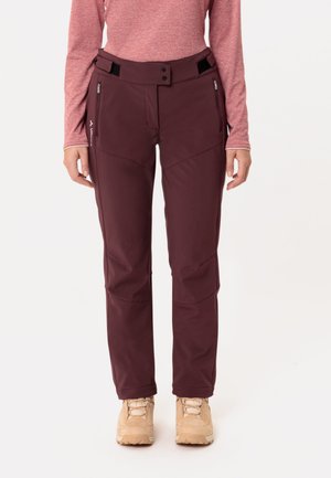 Maroon outdoor pants with a streamlined design, featuring zippers at pockets, stitched panels, and a wide waistband with two buttons.