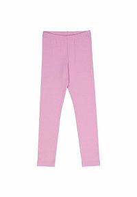 Leggings rosa chiaro in cotone morbido, caratterizzati da un design aderente, una vita elastica e una texture liscia. Senza ulteriori motivi o dettagli.